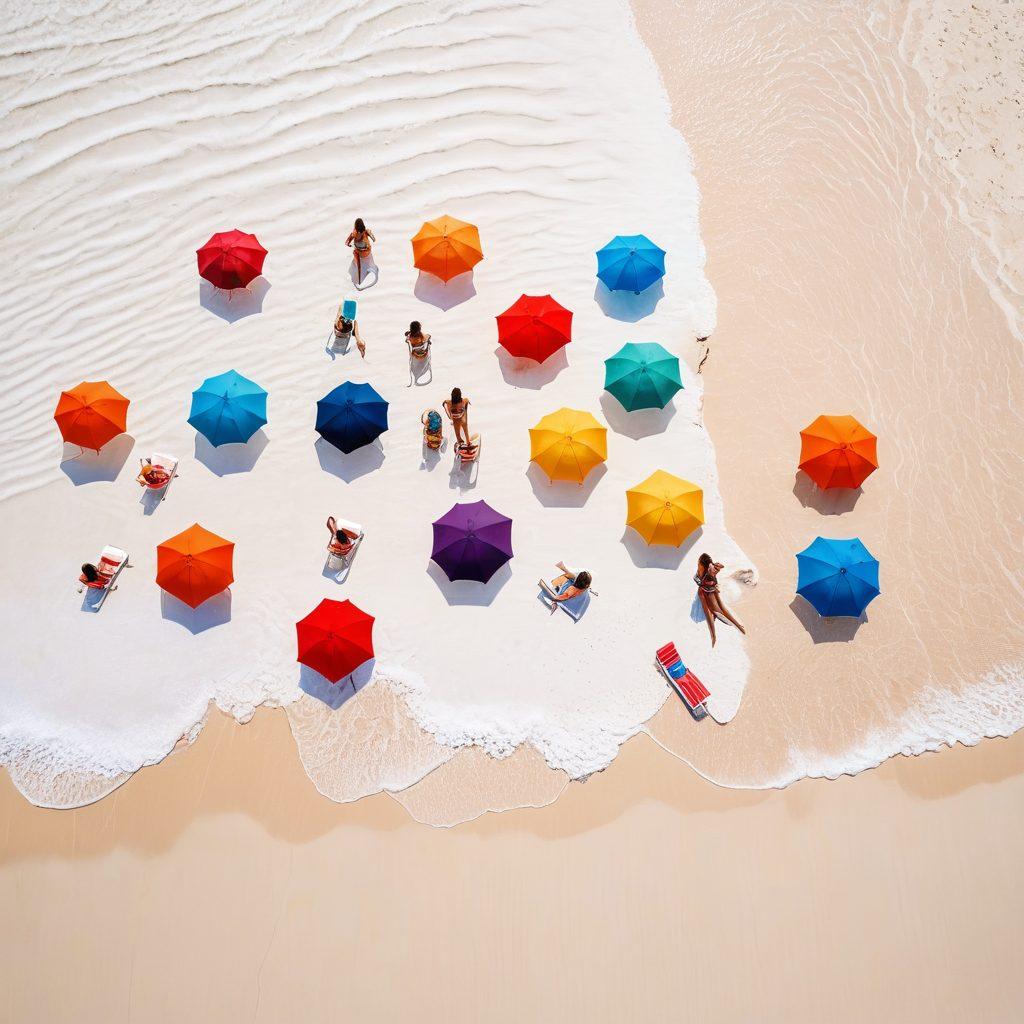 A vibrant beach scene featuring various fashionable beachwear and bathing suits on colorful mannequins set against a backdrop of crystal-clear waves and white sands. Include subtle WiFi signals radiating from stylish beach umbrellas, blending technology with the beach atmosphere. Soft sunlight casts playful shadows, inviting a warm, carefree vibe. super-realistic. vibrant colors. white background.