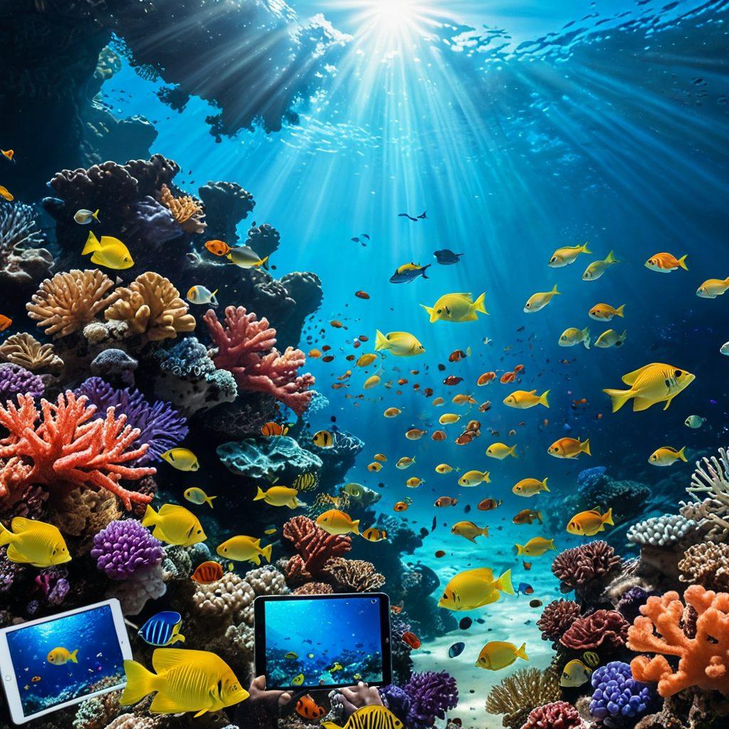 A serene underwater scene featuring a vibrant coral reef with colorful fish swimming around. Above the water's surface, a group of happy swimmers can be seen engaging with various downloadable content on digital devices, like tablets and smartphones. The sunlight filters through the water, creating a magical ambiance. Bubbles rise to the surface adding dynamism to the scene. Illustrative style with bright, rich colors, capturing a sense of adventure and exploration.